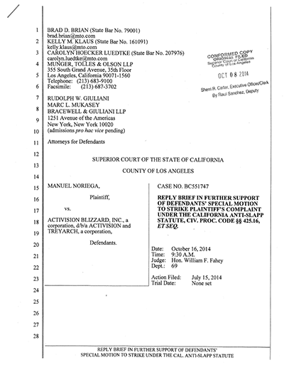 Documents légaux se rapportant au dossier Manuel Noriega / Activision Blizzard